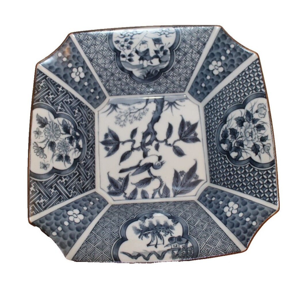Japanese Imari Style Blue & White Porcelain  Dish With Birds and Flower Motifs